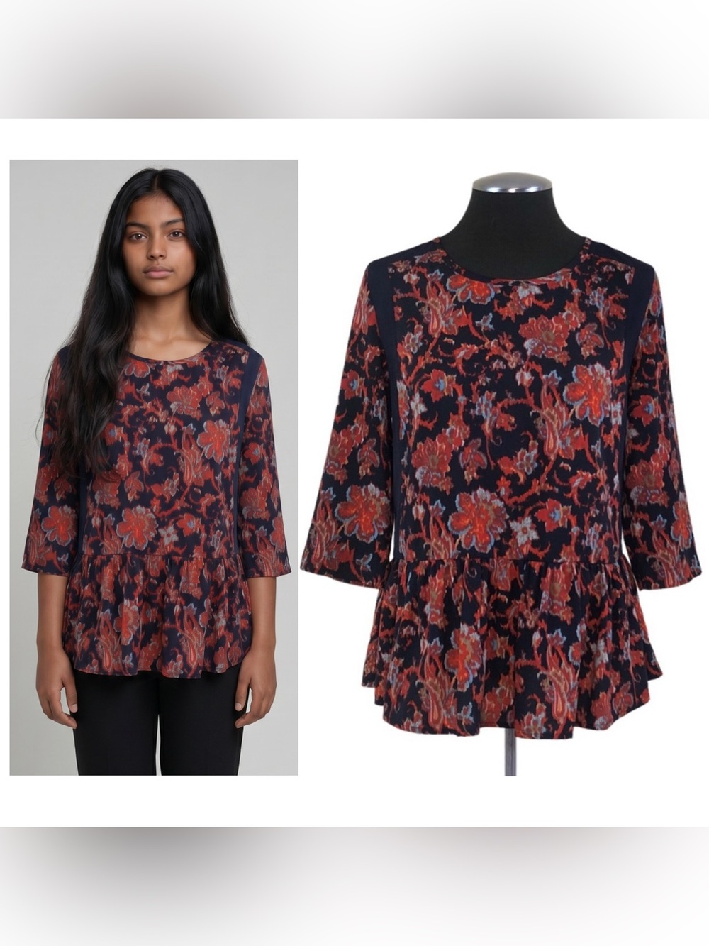 🆕 Maison Jules - Multicolor Floral 3/4 Sleeve Peplum Top - Macy’s - Small